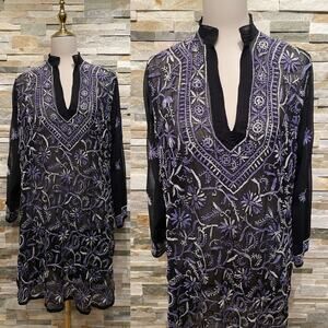 Vintage Fairycore Gothic Sheer Mesh Embroidered Tunic Dress | Romantic M